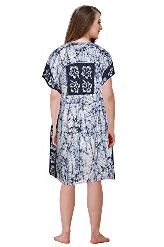 FF-OYMYSP8G-100% Cotton Short Kaftan for Loungewear in Hibiscus Navy Blue Print