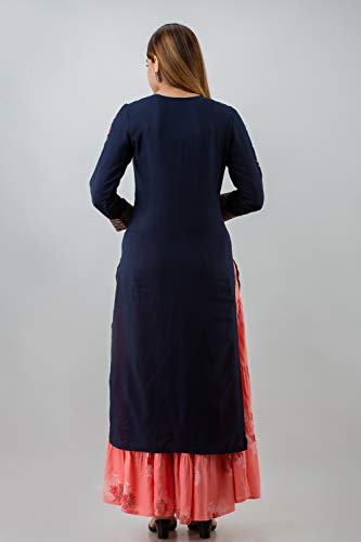 FF-FVYGXDIB-Rayon Solid Embroidred Blue Kurta & Peach Printed Skirt