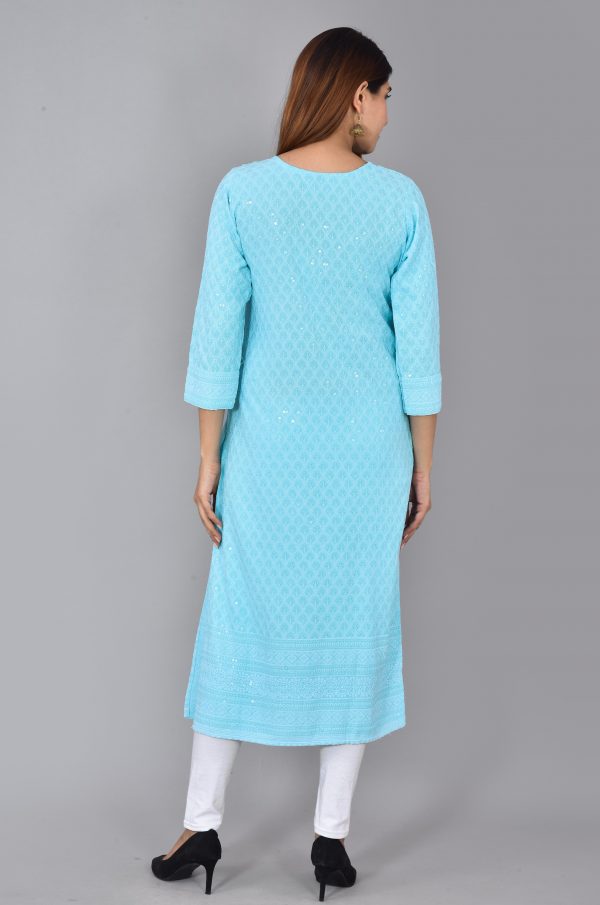 FF-RXTUSHPP-Women Chikan Embroidery Cotton Rayon Blend Straight Kurta (Light Blue)