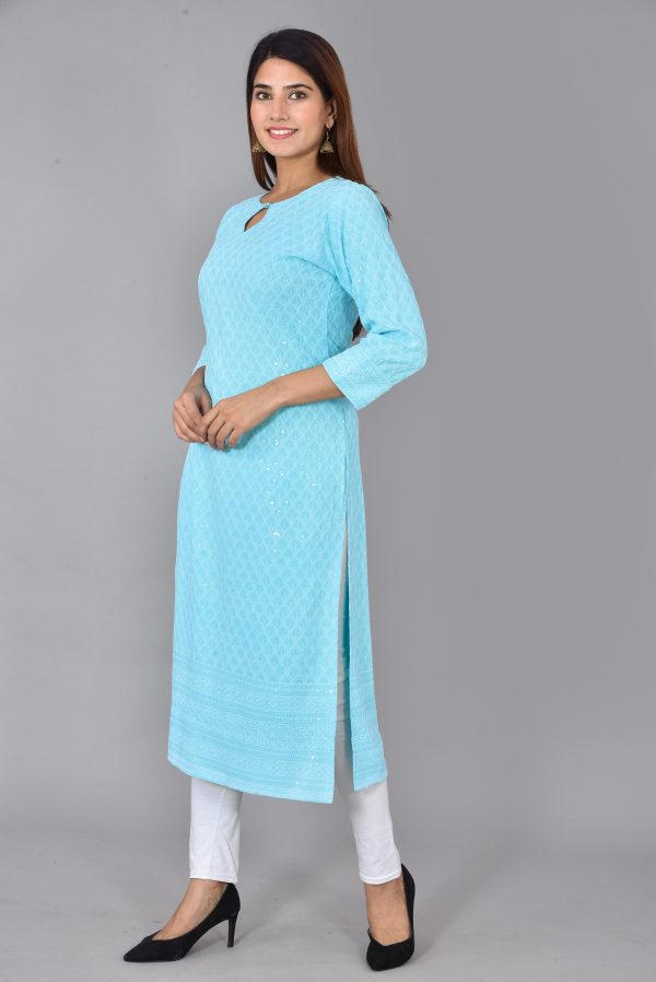 FF-RXTUSHPP-Women Chikan Embroidery Cotton Rayon Blend Straight Kurta (Light Blue)