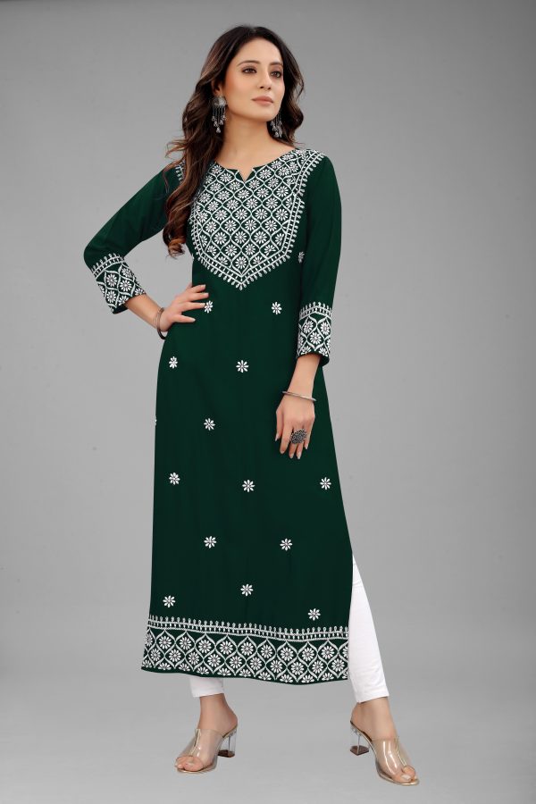 FF-IXX24TSJ-Women Embroidered Cotton Rayon Blend Straight Kurta (Dark Green)