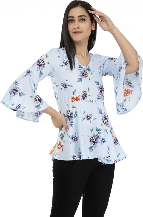 FF-8P7BJZ0I-Casual Bell Sleeves Floral Print Women Multicolor Top