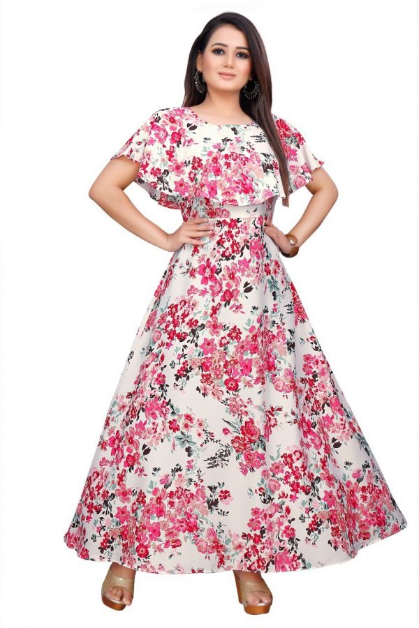FF-WZIB4BLG-Crepe Blend Stitched Flared/A-line Gown (Pink, White)