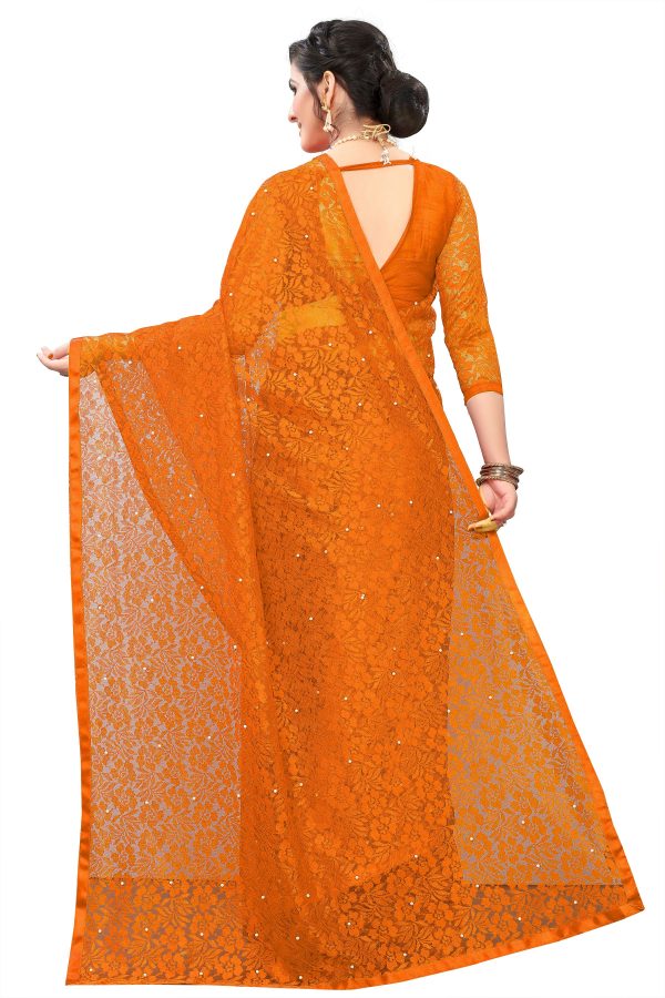 FF-P8T3C6BV-Embellished, Self Design Bollywood Net, Brasso Saree (Orange)