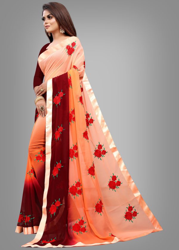 FF-TXZXMZRQ-Embroidered Bollywood Georgette Saree (Cream, Orange)