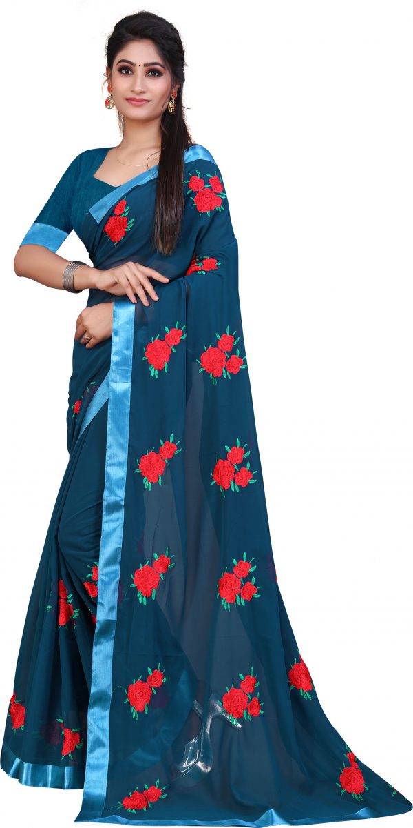 FF-ANTHPMZM-Embroidered Bollywood Georgette Saree (Light Blue, Red)