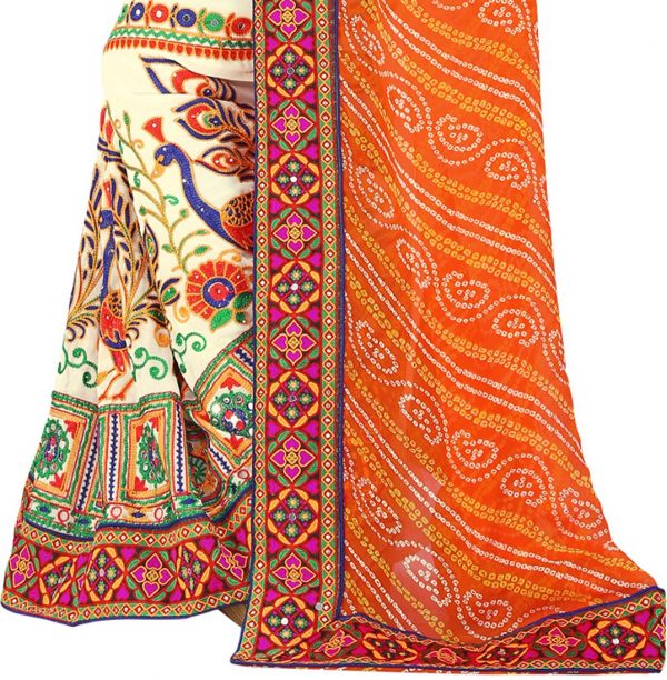 FF-LUKGXDRU-Embroidered, Dyed Bandhej Georgette Saree (Multicolor, Orange)