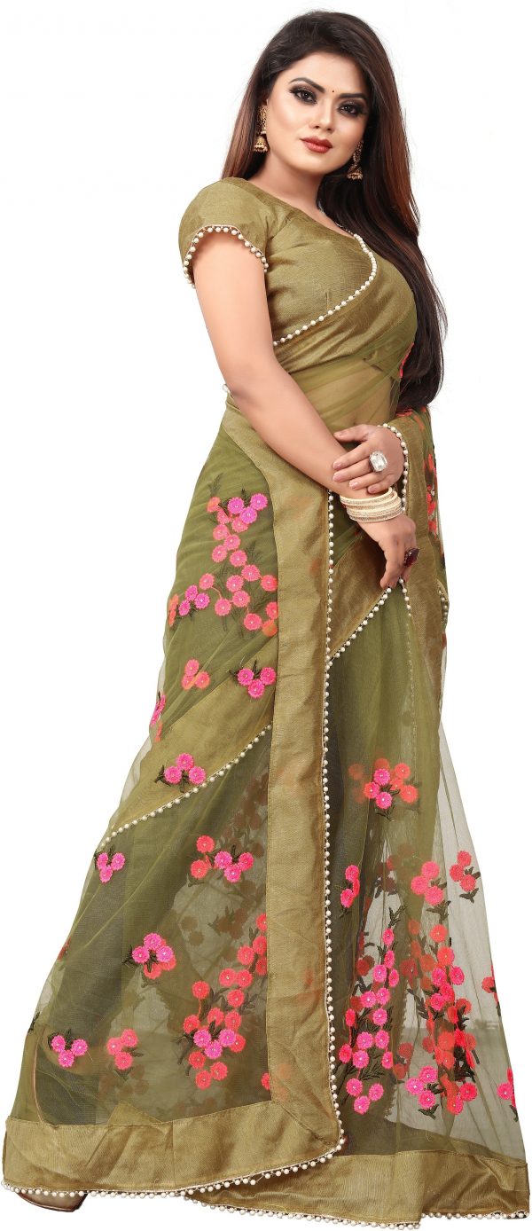 FF-ES3NQM17-Embroidered, Self Design Bollywood Net Saree (Green)