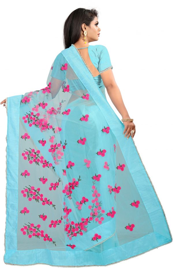 FF-YOBP4ZIF-Embroidered, Self Design Bollywood Net Saree (Light Blue)