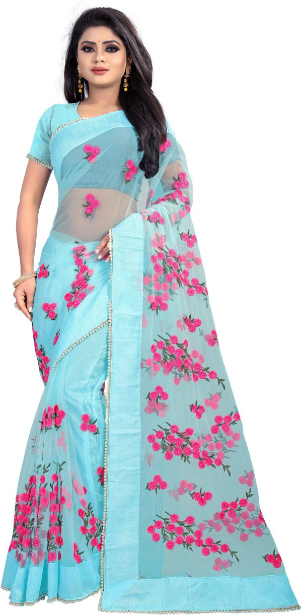 FF-YOBP4ZIF-Embroidered, Self Design Bollywood Net Saree (Light Blue)