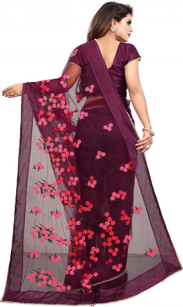 FF-AHMJW708-Embroidered, Self Design Bollywood Net Saree (Magenta)