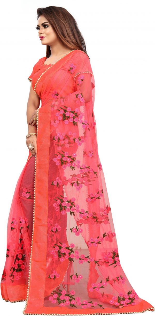 FF-RS3WJIFP-Embroidered, Self Design Bollywood Net Saree (Pink)