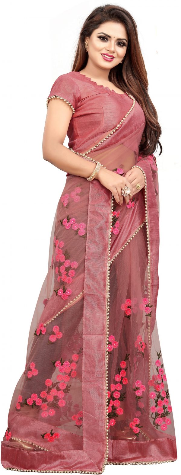FF-BEMQ2QVC-Embroidered, Self Design Bollywood Net Saree (Pink)