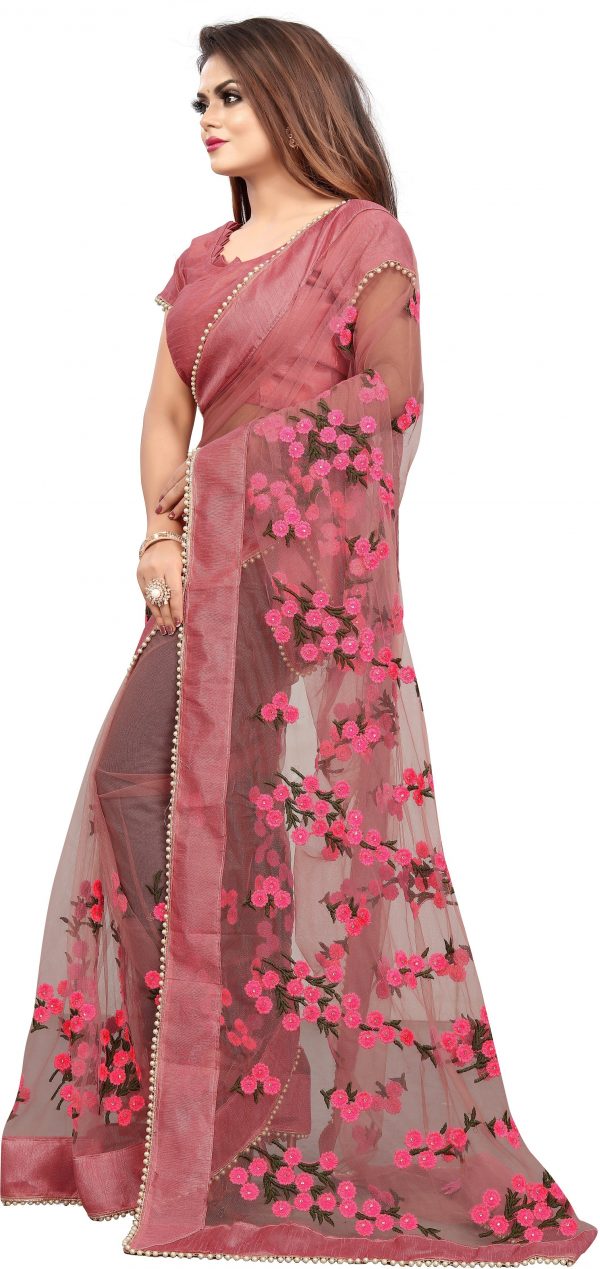 FF-BEMQ2QVC-Embroidered, Self Design Bollywood Net Saree (Pink)