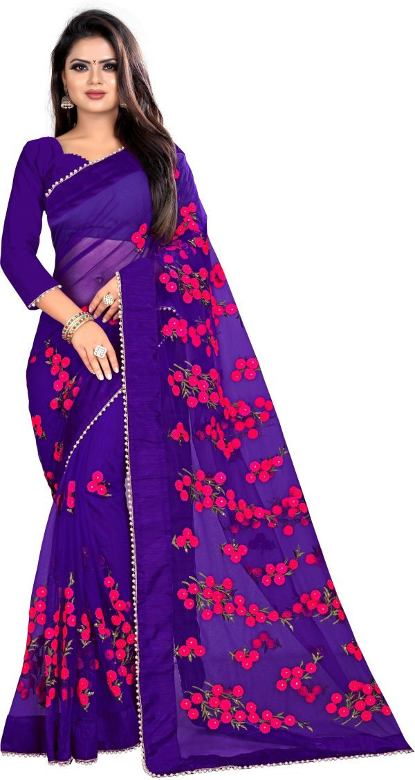 FF-HHJVSMCY-Embroidered, Self Design Bollywood Net Saree (Purple)