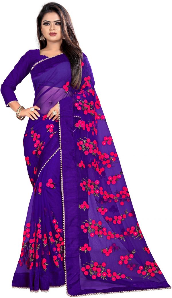 FF-HHJVSMCY-Embroidered, Self Design Bollywood Net Saree (Purple)