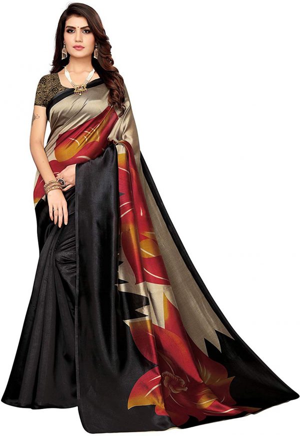 FF-ORRMLWVL-Floral Print, Printed Kanjivaram Cotton Silk Saree (Maroon, Black)