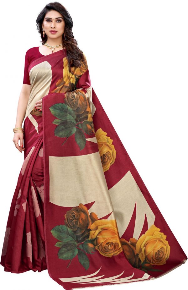 FF-SZY8ORAG-Floral Print, Printed Kanjivaram Cotton Silk Saree (Maroon)