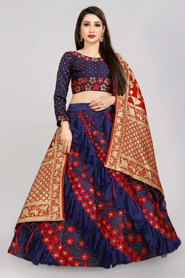 FF-NAR7DM41-Floral Print Semi Stitched Lehenga Choli (Dark Blue, Red)