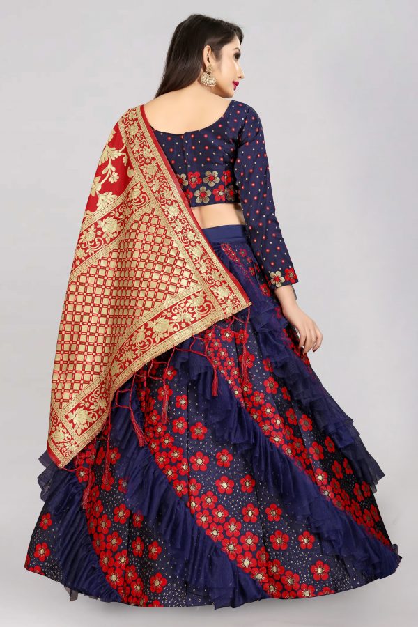 FF-NAR7DM41-Floral Print Semi Stitched Lehenga Choli (Dark Blue, Red)