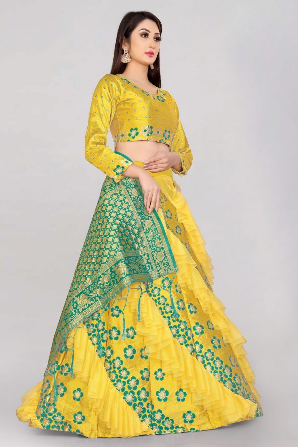 FF-0QCC2ZIH-Floral Print Semi Stitched Lehenga Choli (Yellow, Green)