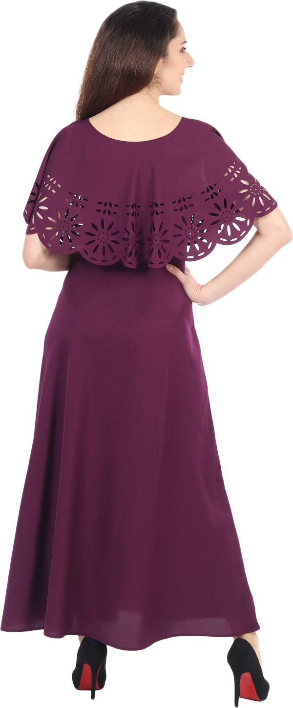 FF-WMYKUOVS-Self Design Crepe Blend Stitched Flared/A-line Gown (Purple)