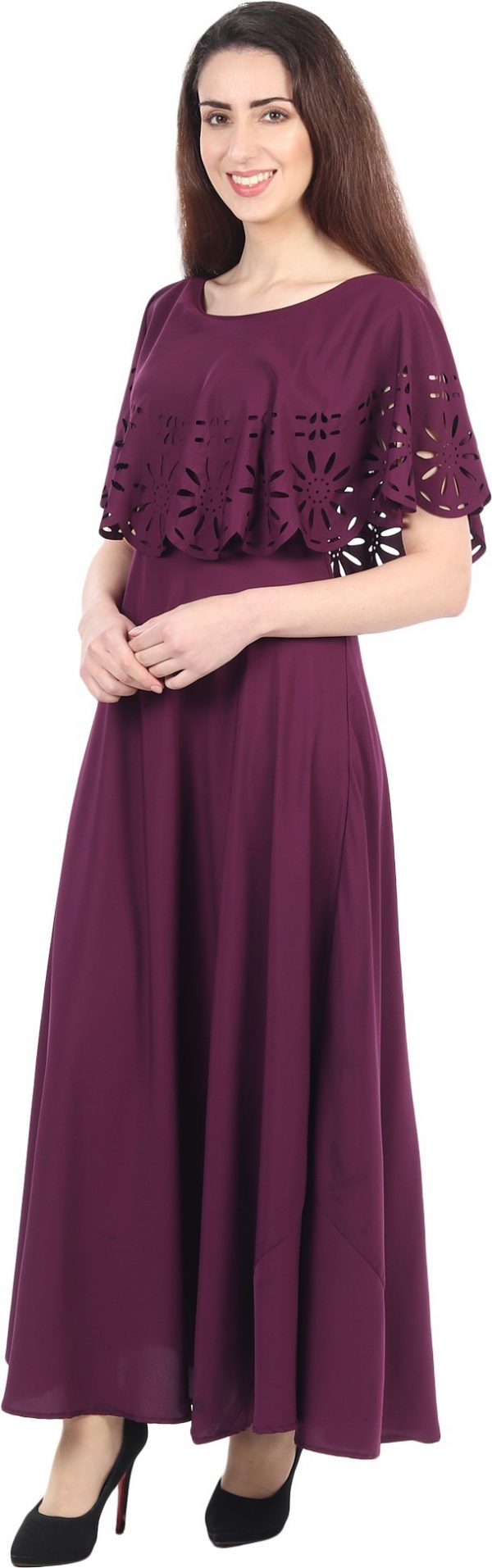 FF-WMYKUOVS-Self Design Crepe Blend Stitched Flared/A-line Gown (Purple)