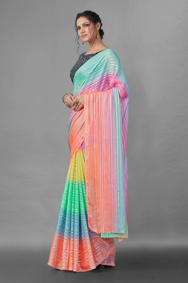FF-IO4NDBYT-Striped Bollywood Georgette Saree (Multicolor)