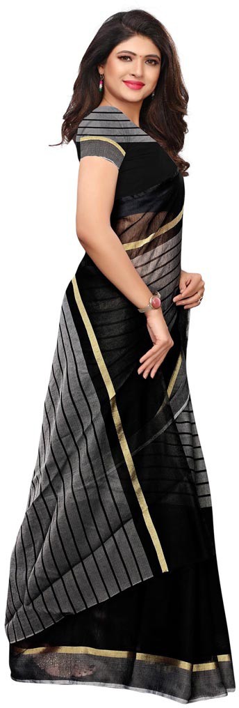 FF-BMNSPVH6-Striped, Woven Banarasi Cotton Silk Saree (Black, Grey)