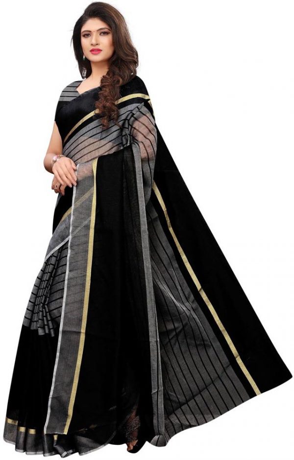 FF-BMNSPVH6-Striped, Woven Banarasi Cotton Silk Saree (Black, Grey)